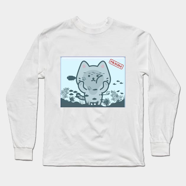 Cute cat in front of fishbowl Long Sleeve T-Shirt by FullMoon